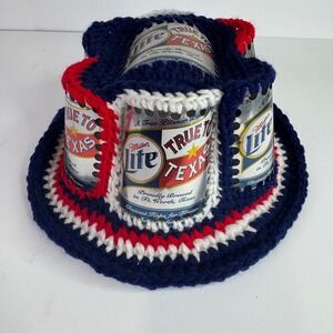 Vtg Handmade Miller Lite Beer Can Hat Adult OS Blue Red White Crochet Bucket Hat
